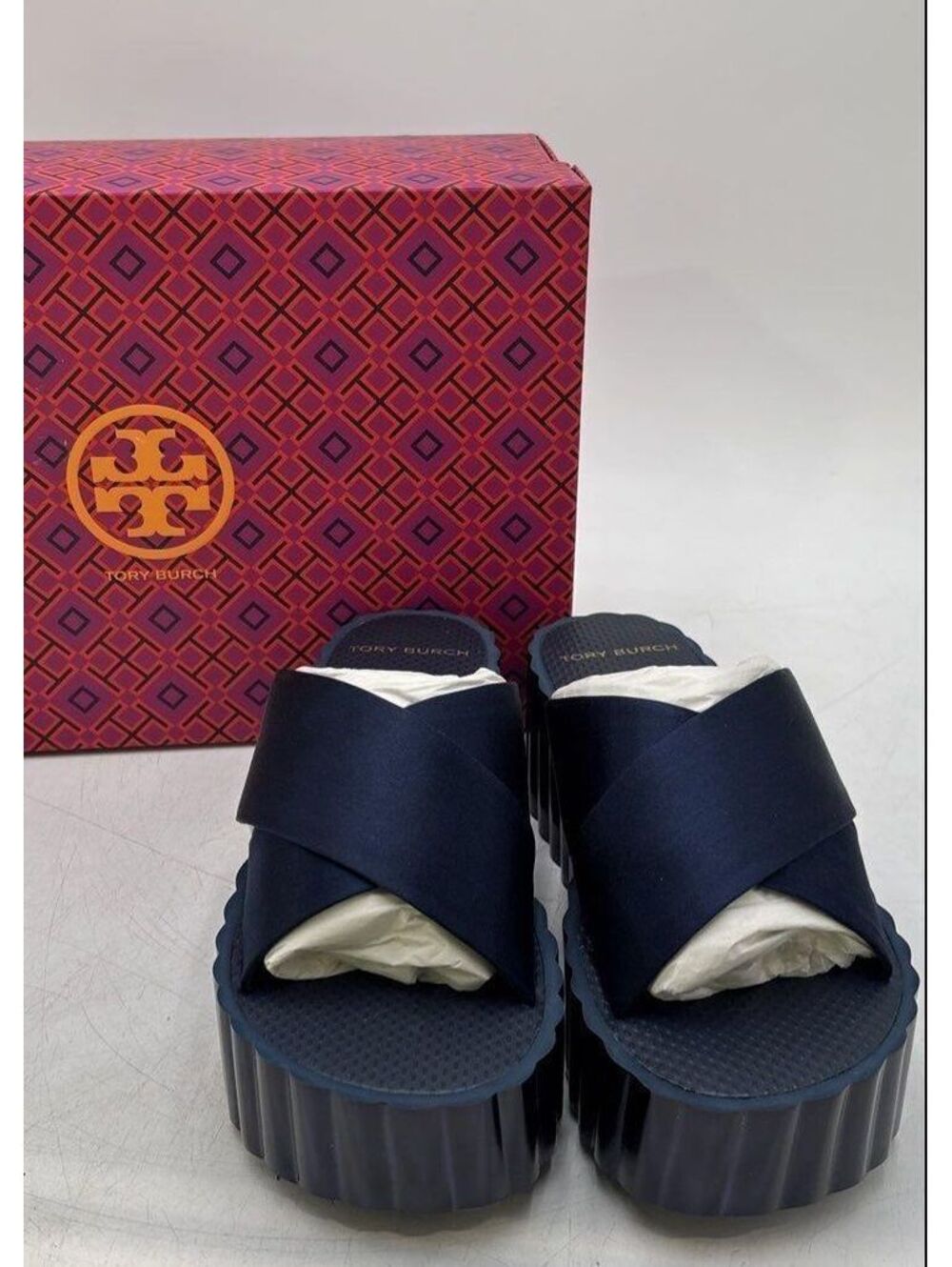 Tory Burch Navy Blue Satin Flatform Cross-Strap Slide Sandals Women's Size 7